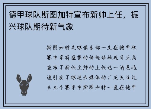 德甲球队斯图加特宣布新帅上任，振兴球队期待新气象