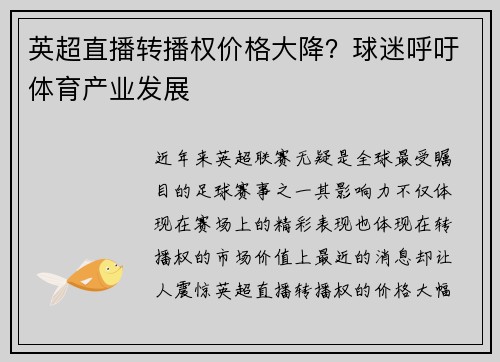 英超直播转播权价格大降？球迷呼吁体育产业发展